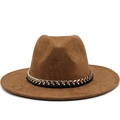 Brown wide-brim cowboy hat featuring a bold gold metal chain accent on suede fabric - Khaki