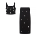 Κομψό μαύρο σετ με αμάνικο crop top και midi φούστα διακοσμημένη με φλοράλ χάντρες και στρας - XS / Μαύρο