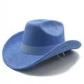 Detail of blue faux suede western cowboy hat featuring silk ribbon and curved brim - M(56-58cm) / Sky Blue (Suede)