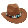 Detail of western cowboy hat featuring boho turquoise bead band on brown felt texture - One Size / Khaki Cowboy (Bead Band)