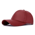 Classic wine red PU leather baseball cap with detailed stitching and windproof design - Baseball Cap Style / Red