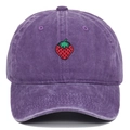 Close-up of strawberry embroidery on washed cotton purple vintage baseball cap details - Adjustable / Purple