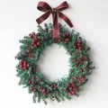 Christmas wreath with green needles, red berries, pine cones and a burgundy bow - 32cm (Without Light)