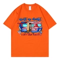 Bright orange cotton T-shirt featuring American patriotic camping car graphic print - Orange