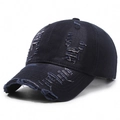 Distressed dark blue denim baseball cap with vintage frayed edges and a street style look - Adjustable / Navy Blue