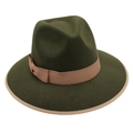 Detail of dark green wool fedora hat featuring khaki ribbon and bound edge brim - One Size / Army Green (Khaki Edge and Bow)