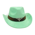 Mint green faux suede western cowboy hat with brown belt and silver bull head emblem - Mint Green
