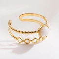 Detail of layered gold ring with round white opal gemstone on a white background - R01028-Gold Multi-layer White Gem