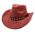 Detailed view of brick red suede cowboy hat with stitched brown leather decorative band - M (56-58cm) / Caramel color