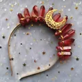 Detail of handmade gold crescent moon crown featuring wrapped red crystals and wire work - Gold Headband/Large Gold Moon/Dark Red Crystal Cluster