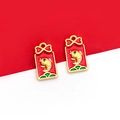 Traditional red and gold lucky fish pendant with bow and green wave enamel detail - 1pc Chinese Style Bow Koi Fish Charm-9x17mm