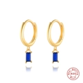 Close-up of S925 sterling silver gold plated hoop earrings with blue zircon rectangle stones - Gold-Blue Zirconia