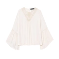 Elegante weiße Plissee-Bluse für Damen mit feiner Spitze und ausgestellten Ärmeln - XS / Gebrochenes Weiß