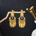 Bohemian gold teardrop earrings with turquoise bead and metallic leaf tassels - Gold Turquoise Leaf Tassel