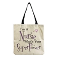 Close-up of nurse canvas tote bag with stethoscope print and quote on beige fabric - Nurse Superpower Inspirational Style (hm6966)