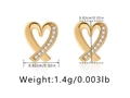 Close-up of interlocking heart stud earrings with 18k gold plating and zircon inlay - Overlapping Heart Side Rhinestone Style (KE1057) / 18K Gold