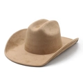 Classic wide brim suede cowboy hat in khaki with a teardrop crown and rolled edge - M (56-58cm) / Camel