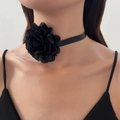 Elegant black velvet rose choker necklace for women with oversized fabric flower details - Black