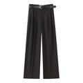 Flat lay of dark brown pinstripe trousers with black leather belt detail - XS / Dark Coffee Stripes