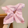 Pink plaid hair scrunchie with cute white bunny ornament and classic fabric bow tie - Pink Check Rabbit Bow
