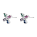 Macro view of silver clover stud earrings featuring colorful green, pink, and blue stones - Platinum Multi Zirconia