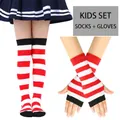 Detail view of striped knitted over-knee socks and fingerless gloves set for kids - Red White & Black Striped