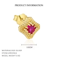 S925 sterling silver square stud earring with ruby zircon in gold plated finish - 925 Silver / Gold Color / Single Square Zirconia (E4706)