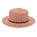 Détail d'un chapeau canotier rose avec bande en cuir noir et chaîne dorée décorative - M (56-58cm) / Vieux rose