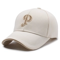 Beige pineapple fabric baseball cap with premium letter P embroidery in a side profile view - Adjustable / Light Beige