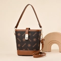 Retro brown and dark coffee PU leather bucket bag with MQCKDE monogram and gold buckle - Snowflake Earthy Yellow