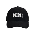 Detail of black corduroy baseball cap with white bouclé MINI embroidery and soft texture - MINI Style / Black