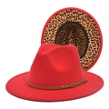 Detail of red fedora hat featuring leopard print brim and studded leather belt buckle - M (56-58cm) / Red