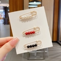 Three safety pin brooches with white pearl, frosted red, and black beads on gold finish - Style 29 - 16th Set 3 Pcs