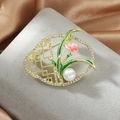 Vintage gold brooch with pink flowers, green enamel leaves, small crystals and a white pearl - Vintage Oval Floral Pink