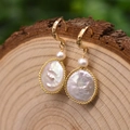 Baroque pearl earrings with golden braided bezel and elegant sterling silver hooks - Flat Baroque Pearl Drop Earrings