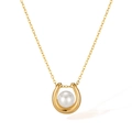 Elegant gold U-shaped horseshoe pendant necklace with a round white pearl for women - Gold (2578-Necklace)