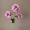 Faux three-head rose spray in dusty pink with green leaves for wedding decor - Bean Paste Purple
