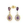 Elegant gold-plated drop earrings featuring purple pear-cut zircon stones with diamond halo - One Pair / Gold Purple Zirconia