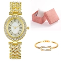 Detailed view of women's gold rhinestone oval watch and bracelet set in a gift box - Watch+Bracelet+Box / Gold