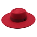 Top view of bright red wool felt boater hat featuring a wide brim and ribbed ribbon band - M (56-58cm) / Burgundy