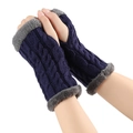 Dark blue cable knit fingerless gloves with grey faux fur trim for winter warmth - One Size / Navy Blue 6#