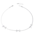 Silver snake chain necklace featuring three polished bow pendants and lobster clasp closure - Steel Color Bow Snake Chain Necklace (N-1044)