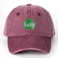 Unisex burgundy washed cotton baseball cap with lucky green clover embroidery - Burgundy