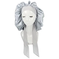 Detailed view of silver satin sleep bonnet with adjustable ribbon ties and elastic edge - Silver