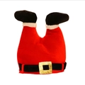 Close-up of upside down Santa legs hat with red fabric and gold belt buckle detail - A6 Clown Pants Hat