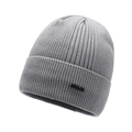 Mens dark grey ribbed knit beanie with fleece lining and decorative leather brand tag - Light Gray