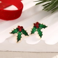 Christmas holly earrings with green leaves and red crystal berries in variant style - Holly Leaves (EAR0051)