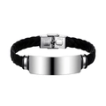 Braided black leather bracelet for men with polished stainless steel ID tag and clasp - KZ101 Silver (Silicone Material)