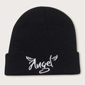 Unisex black knit beanie with white Angel embroidery and wings on folded cuff - Angel Wings Embroidery - Black