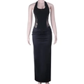 Elegant black halter evening gown with lace cutout waist and floor-length skirt - S / Black